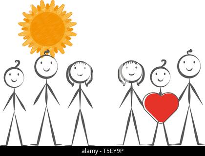 Happy family, sun, heart hand drawn, vector illustration in cartoon style. Stock Vector