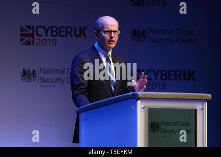 Jeremy Fleming, Director of GCHQ, gives the keynote speech at the National Cyber Security Centre (NCSC) annual conference CYBERUK, held at the Scottish Exhibition Centre, Glasgow. Stock Photo