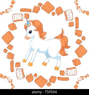 Hand drawn seamless pattern of cookies products. Baked goods background. Hand drawn unicorn baby. Stock Vector