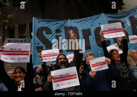 Argentina Crisis: Protest of the Clarín Newspaper (AGEA SA) employees against dismissal in Buenos Aires, Argentina. 20 April 2019. Stock Photo