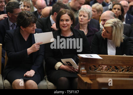 DUP leader Arlene Foster with Sinn Fein's Mary Lou McDonald and Michelle O'Neill before the funeral service for murdered journalist Lyra McKee at St Anne's Cathedral in Belfast. Stock Photo