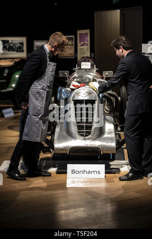 Preview of 'Age of Endeavour' Exhibition dedicated to Bentley at Bonhams, featuring Bentley Team car 'Mother Gun' 1928 Le Mans winner. Stock Photo