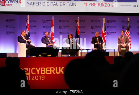 From left, Scott McLeod (Australian Cyber Security Centre), Scott Jones (Canadian Cyber Security Centre), Jan Thornborough (New Zealand National Cyber Security Centre), Ciaran Martin (UK National Cyber Security Centre) and Rob Joyce (US Homeland Security Advisor) during a Five Eyes session: International Panel Discussion on Global Cyber Issues during CYBERUK held at the Scottish Event Campus in Glasgow. Stock Photo