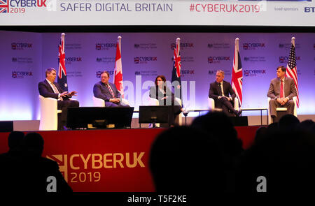 From left, Scott McLeod (Australian Cyber Security Centre), Scott Jones (Canadian Cyber Security Centre), Jan Thornborough (New Zealand National Cyber Security Centre), Ciaran Martin (UK National Cyber Security Centre) and Rob Joyce (US Homeland Security Advisor) during a Five Eyes session: International Panel Discussion on Global Cyber Issues during CYBERUK held at the Scottish Event Campus in Glasgow. Stock Photo
