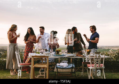 Group of friends having drinks at party in garden. Millennials enjoying dinner party outdoors. Stock Photo
