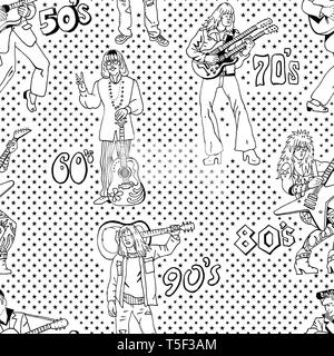 Rock stars retro comic style seamless pattern in black and white. Popular 20th century rock music genres : 50s rock'n'roll, 60s hippie, 70s progressiv Stock Vector