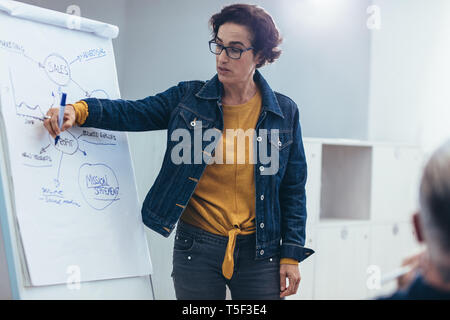 Woman giving presentation over flipchart to team. Female programmer explaining new project to coworkers in office. Stock Photo