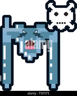 video game spaceship flying with skull danger pixelated vector illustration design Stock Vector
