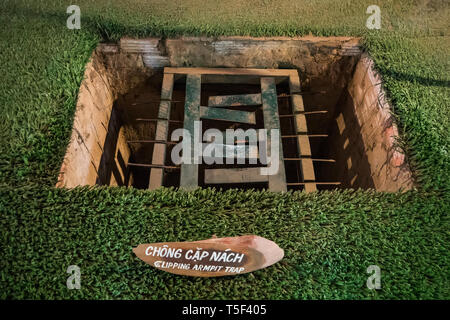 Trap used during Vietnam war at Cu Chi Tunnel Museum. Stock Photo