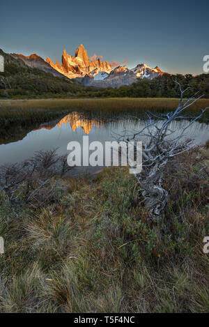 the Fitz Roy reflected in the Capri laguna, Los Glaciares NP, Argentina Stock Photo