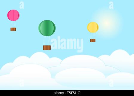 paper cutting ballon and clouds on sky background vector. Stock Vector