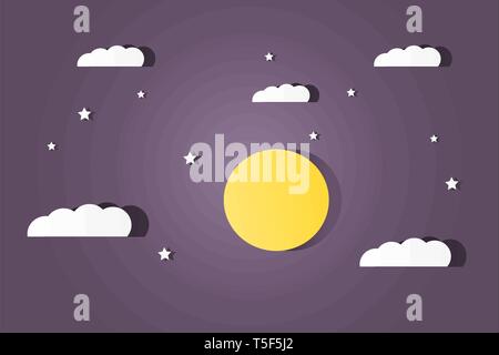 moon, stars and clouds on the dark night sky background. Stock Vector