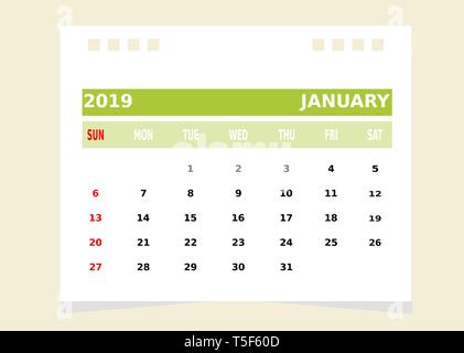 Calendar Month January 2019 Vector. Stock Vector