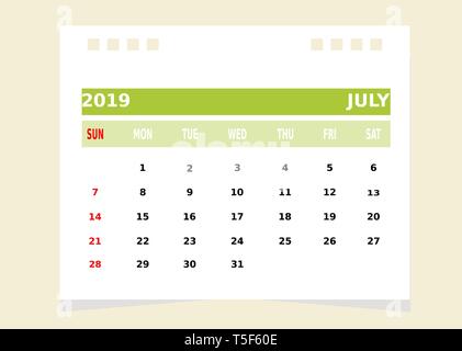 Calendar Month july 2019 Vector. Stock Vector
