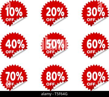 Red sticker tag set discounted 10-90 percent. vector on the white background. Stock Vector