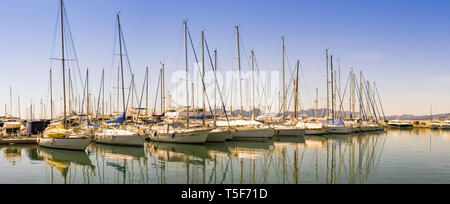 SAINT RAPHAEL, FRANCE - APRIL 2019: Panoramic view of yachts lined up in Port Pierre Canto Marina in Cannes. Stock Photo