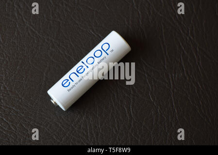Moscow, Russian Federation - April 24, 2019: An eneloop AA battery. Panasonic Corporation is a Japanese multinational electronics corporation headquar Stock Photo
