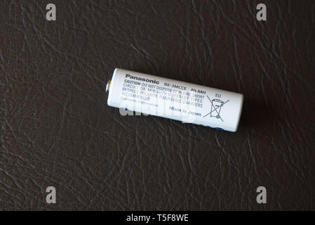 Moscow, Russian Federation - April 24, 2019: An eneloop AA battery. Panasonic Corporation is a Japanese multinational electronics corporation headquar Stock Photo