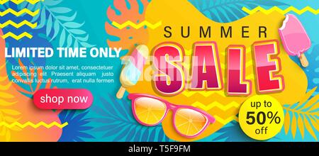 Summer Sale bright poster, hot season discount banner with tropical leaves,ice cream, sunglasses.Invitation for online shopping with 50 percent price  Stock Vector