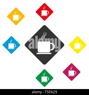 Cup of hot coffee on a saucer, a set of square colorful icons, flat design Stock Vector