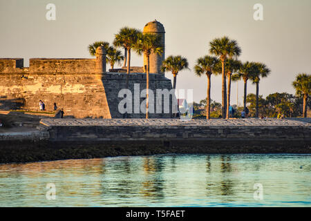 St. Augustine, Florida. January 26 , 2019 .Beautiful view of Castillo de San Marcos Fort, sea and palm trees at Old Town in Florida's Historic Coast . Stock Photo