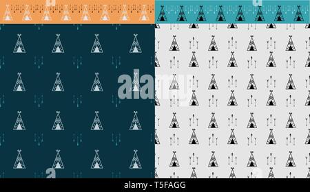 Two tile with wigwam and arrow seamless pattern. And brush tepee. grafic for print poster, wall art, web backdrop, design invation party. Vector illus Stock Vector