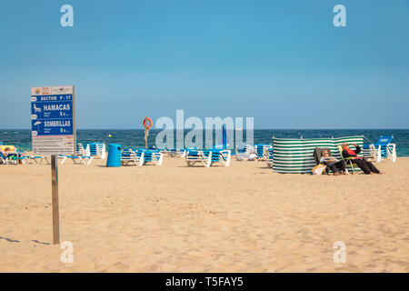 elderly couple asleep on deck chairs in front of wind break on beach at Alicante Spain Stock Photo