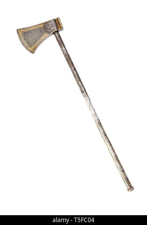 Indo-persian decorated tabarzine axe. It is the traditional battle axe of Persia. It bears one or two crescent-shaped blades. Stock Photo