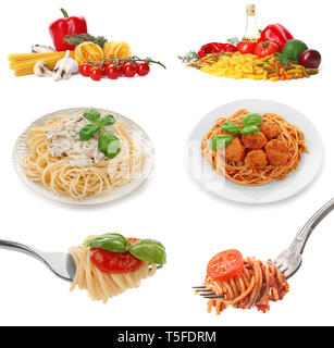 Set with different kinds of pasta on white background Stock Photo