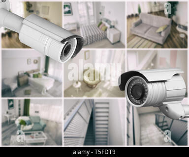 Modern CCTV cameras with blurred view of home locations Stock Photo