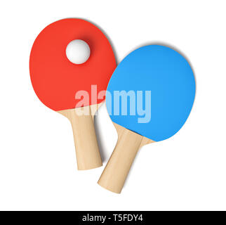 3d rendering of two ping pong rackets with red and blue rubbers and one white ping pong ball viewed from above isolated on white background. Stock Photo