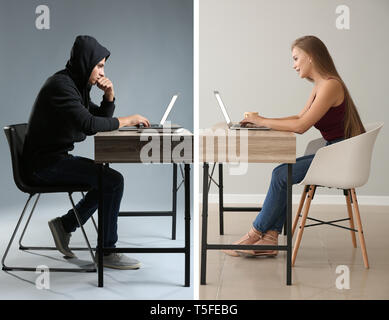 Young woman having online date with fake boyfriend. Concept of internet fraud Stock Photo
