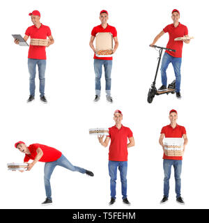 Young deliveryman with pizza boxes on white background Stock Photo