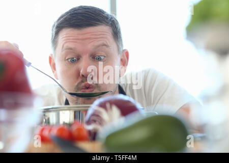Funny Face Vlogger Chef Blowing Kitchen Spoon Stock Photo