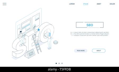 Seo optimization - line design style isometric web banner Stock Vector