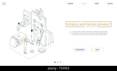 Mobile app development - line design style isometric web banner Stock Vector