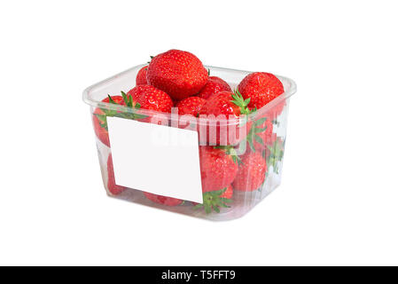 Plastic box of Strawberries and white label isolated on white Stock Photo