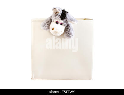 White toys box with donkey mascot isolated on white background Stock Photo