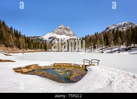 Lake Atorno with The Tre Cime di Lavaredo peak (ital. Lago d' Atorno), Dolomites, Italy Stock Photo