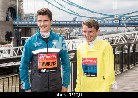 London, UK. 24th April 2019. British elite runners Callum Hawkins and Dewi Griffins during a press photocall ahead of Sunday’s Virgin Money London Mar Stock Photo