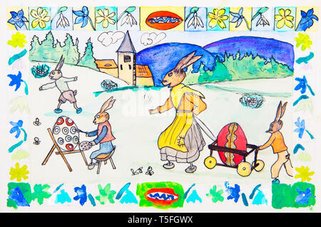 Children's painting of Easter bunnies at work Stock Photo