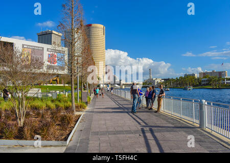 Tampa Bay, Florida. March 02, 2019 People walking and enjoying at riverwalk in downtown area. Stock Photo