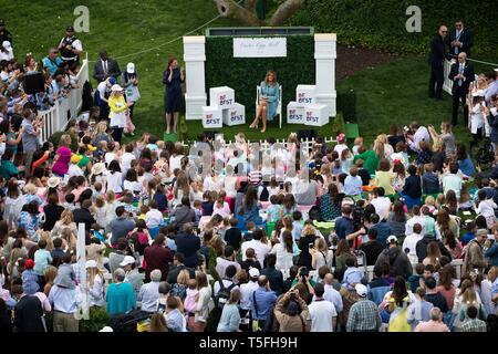 U.S First Lady Melania Trump during the White House Easter Egg Roll event on the South Lawn of the White House April 22, 2019 in Washington, DC. This is the 141st year for the annual spring event. Stock Photo