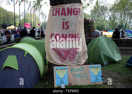 Extinction Rebellion at the Marble Arch camp in protest that the government is not doing enough to avoid catastrophic climate change and to demand the government take radical action to save the planet, on 24th April 2019 in London, England, United Kingdom. Extinction Rebellion is a climate change group started in 2018 and has gained a huge following of people committed to peaceful protests. Stock Photo