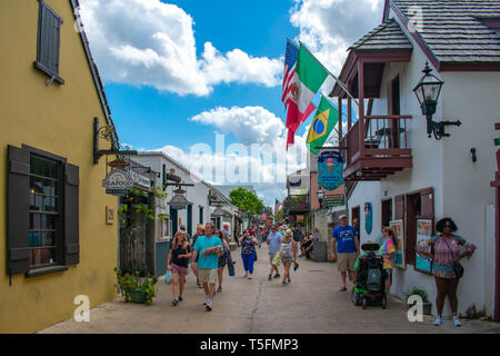 St. Augustine, Florida. March 31 , 2019 . People walking in St. George street at  Florida's Historic Coast  (1) Stock Photo