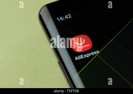 New york, USA - April 22, 2019: Aliexpress online shop icon macro view on smartphone screen desktop Stock Photo