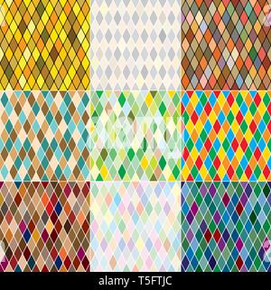 Harlequin's polychromatic mosaic patchwork, multi-colored seamless patterns, set of 9 colorful tiles. Stock Vector