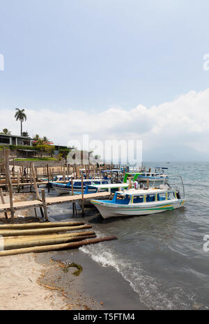 Guatemala Central America - boats moored at the edge of Lake Atitlan, Guatemala, Latin America Stock Photo