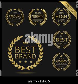 Golden Laurel wreath label badge set isolated. Awesome quality, best brand, authentic brand. Vector illustration Stock Vector