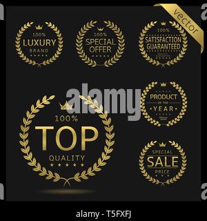 Golden Laurel wreath label badge set isolated. Top quality, sale, special offer, luxury. Vector illustration Stock Vector